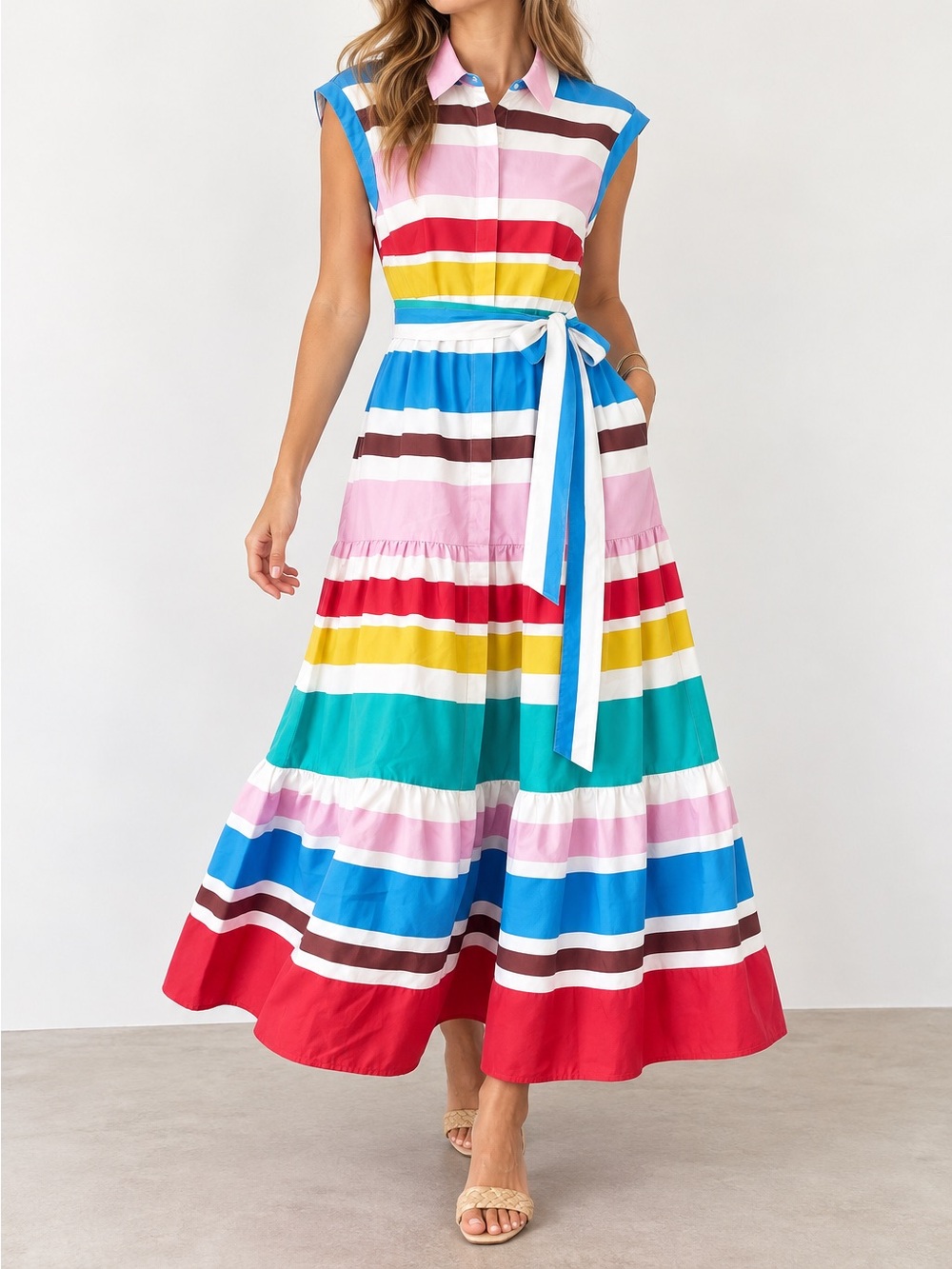 Boden Betty Multicolor Rainbow Stripe Belted Maxi Shirt Dress